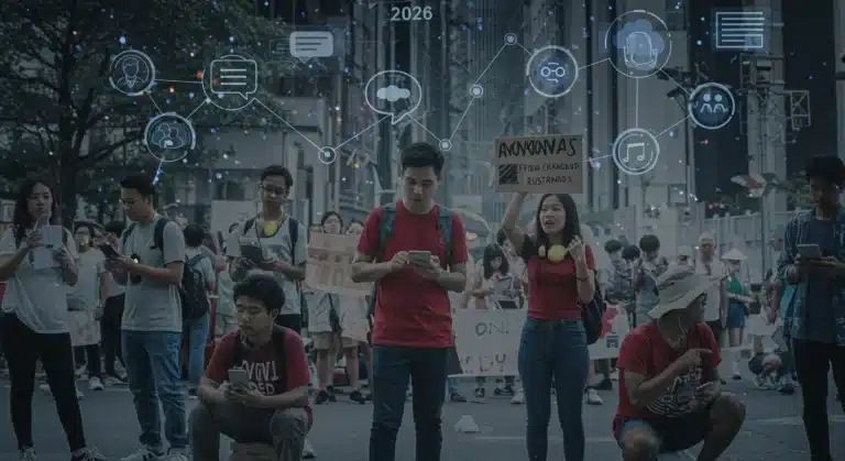 Illustration of free speech rights in 2026, showing online and offline expression