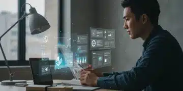 Futuristic digital note-taking interface with holographic display