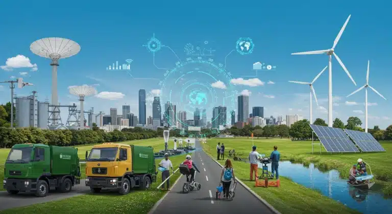 Futuristic urban landscape with integrated public environmental services and green infrastructure