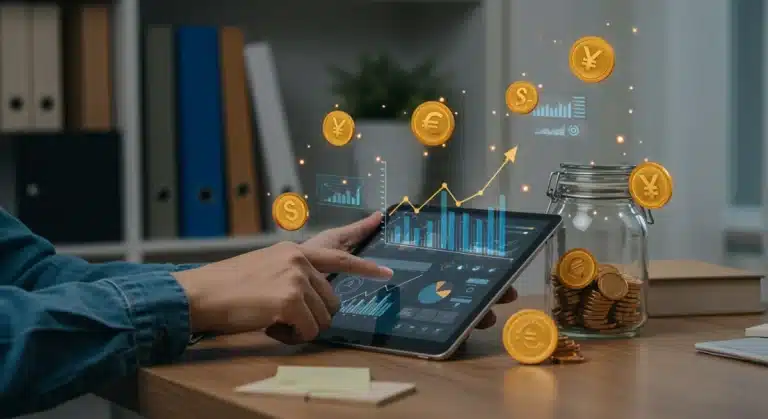 Futuristic financial dashboard showing automated savings and growth in 2026
