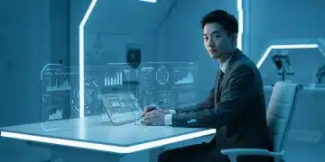 Futuristic desk with holographic screens, person focused on productivity hacks 2026