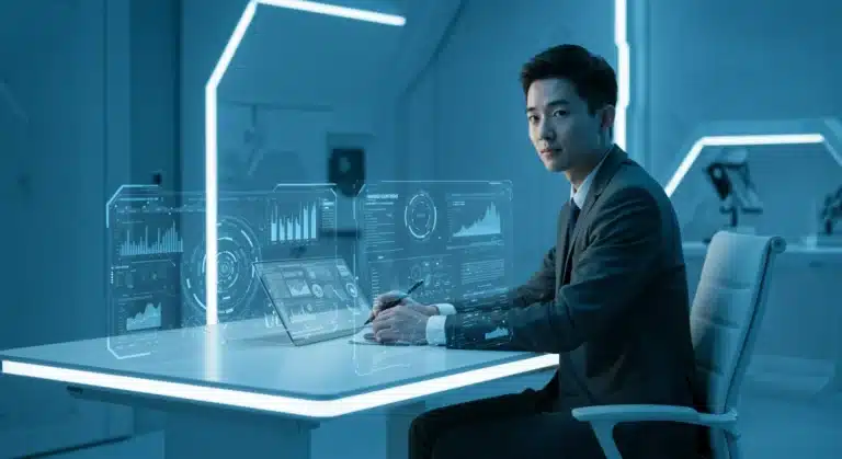 Futuristic desk with holographic screens, person focused on productivity hacks 2026