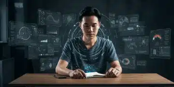 Futuristic desk with holographic tasks and focused person prioritizing work