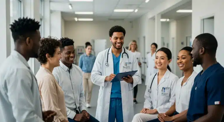 Patients and doctors discussing healthcare access in a modern clinic setting