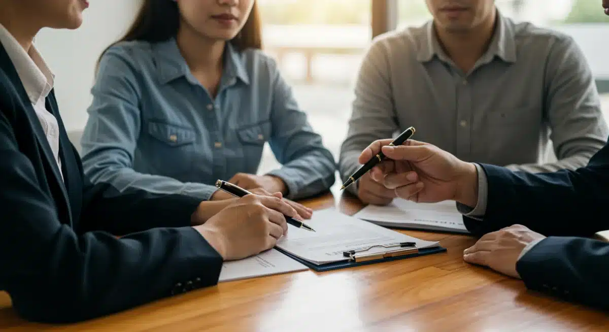 Immigration lawyer consulting with a family on legal documents.