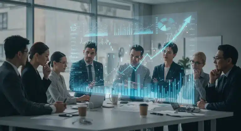 Diverse individuals discussing investment strategies for inflation in a modern financial setting.