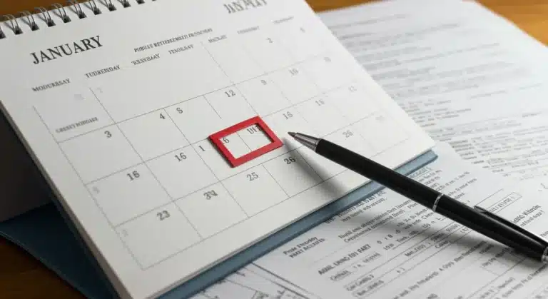 January calendar with documents for public retirement benefits