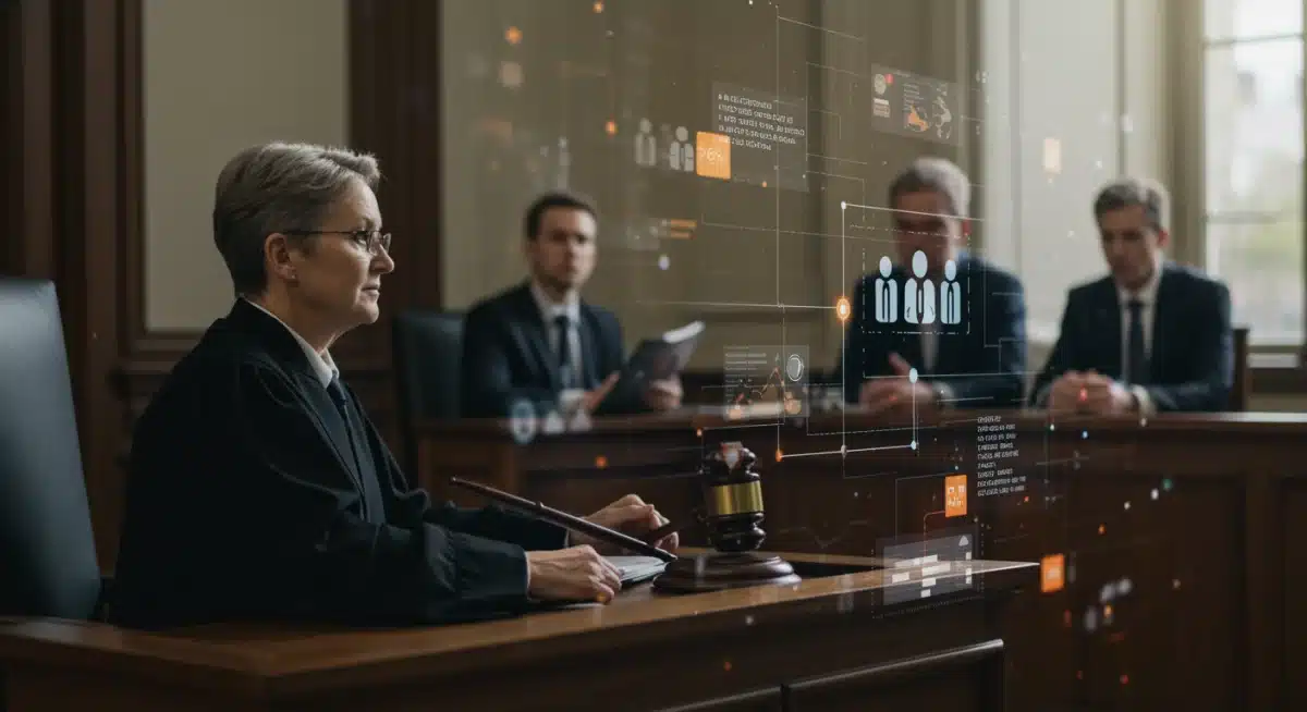 Legal interpretation of free speech in the digital age, courtroom with social media overlay