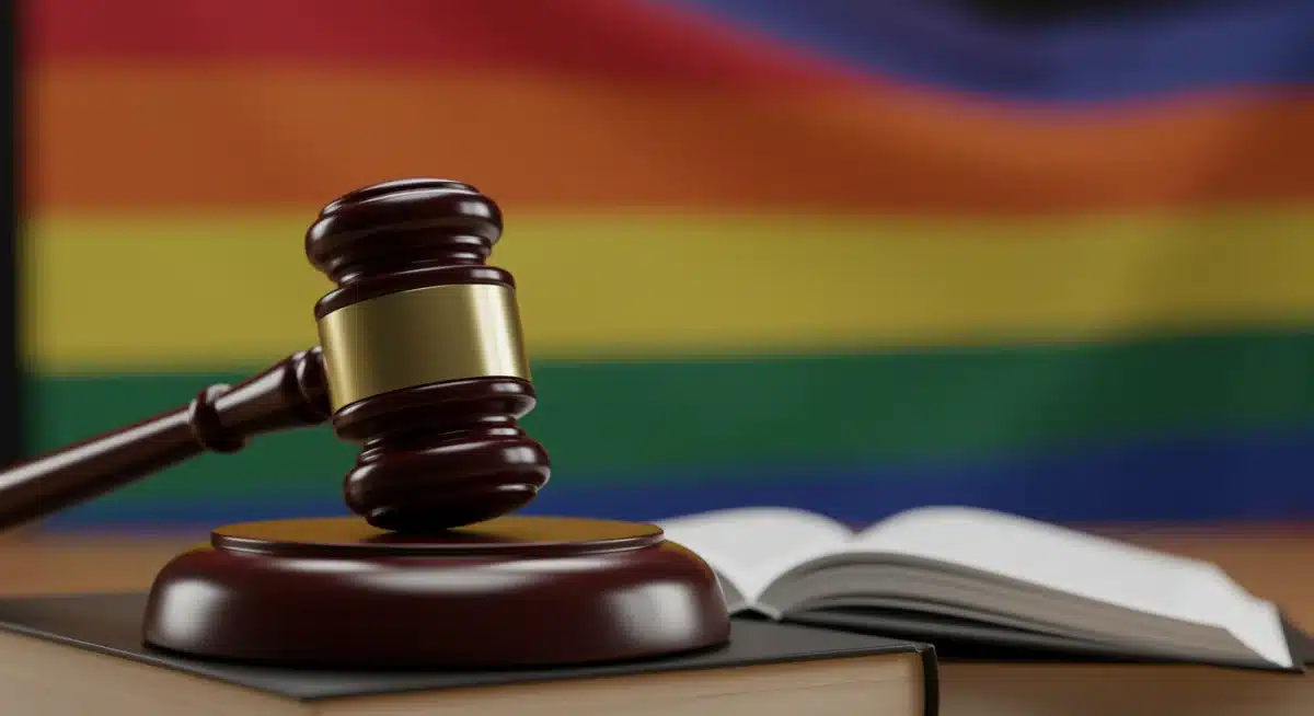 Gavel on law books with rainbow flag, symbolizing LGBTQ+ legal advancements