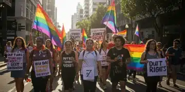 Diverse group marching for LGBTQ+ rights with rainbow flags in a modern city