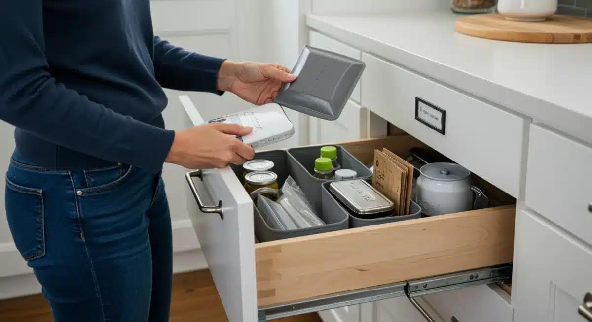 Person decluttering a kitchen drawer, applying mindful organization techniques.