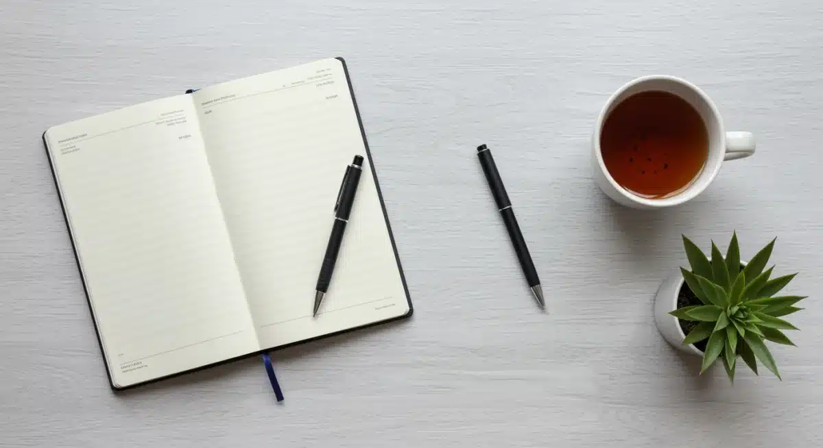 Mindful workspace with journal and tea, promoting focused work without digital distractions
