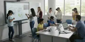 Students and parents collaborating in a modern classroom, utilizing digital learning tools.