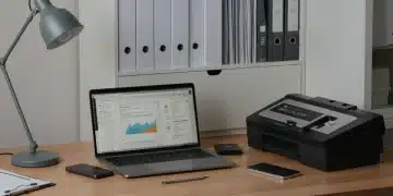 Modern home office with digital and physical document organization tools for 2026