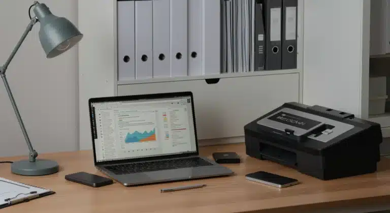 Modern home office with digital and physical document organization tools for 2026