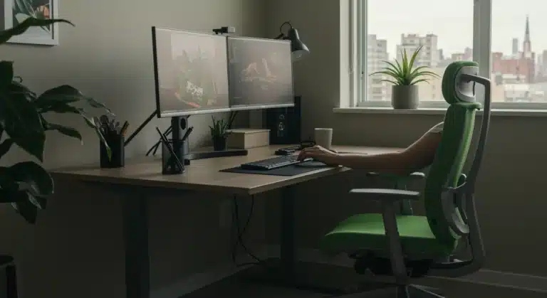 Modern ergonomic home office setup with sit-stand desk and natural light