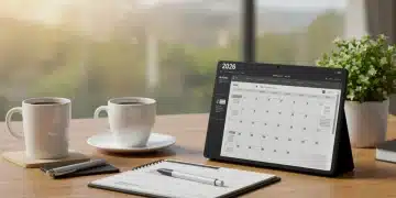 Organized 2026 digital planner on a minimalist desk, symbolizing effective time management.