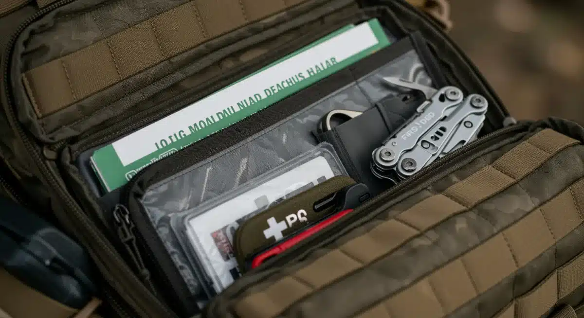 Organized emergency go-bag with essential documents and first-aid