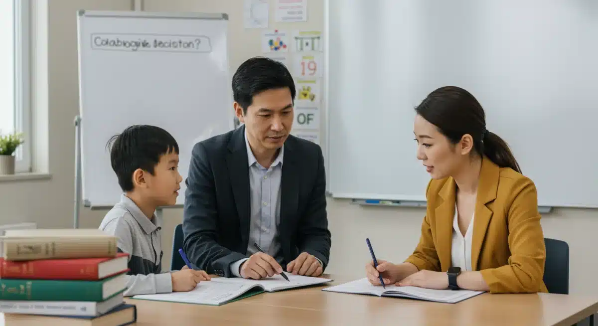 Parent and child discussing education with a teacher, representing educational rights