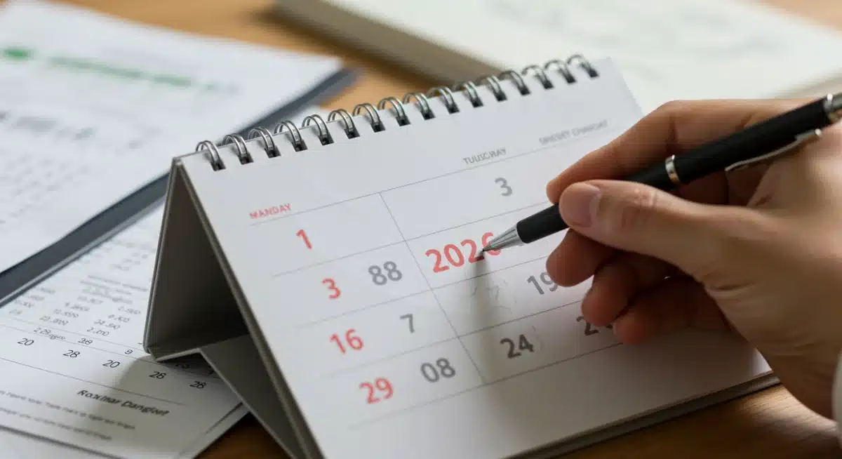 Hand marking important dates on a 2026 calendar for benefit planning
