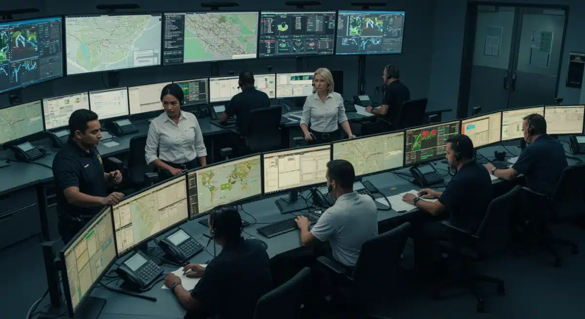 Public safety professionals monitoring real-time data in a modern control room