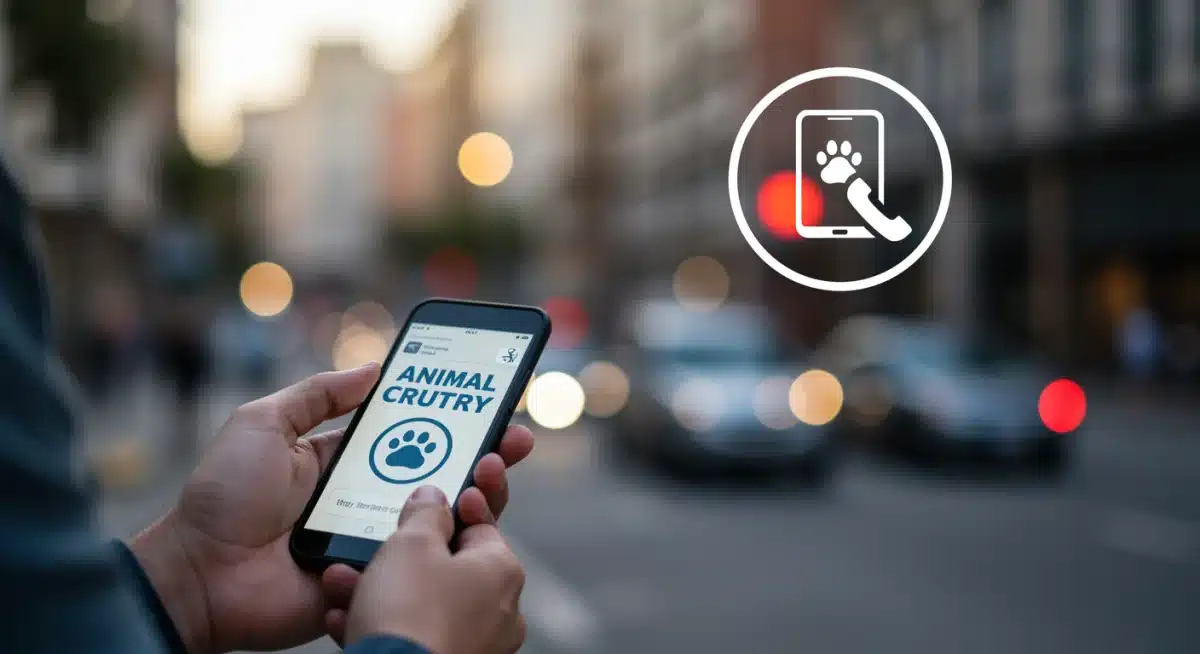 Person reporting animal cruelty via smartphone app