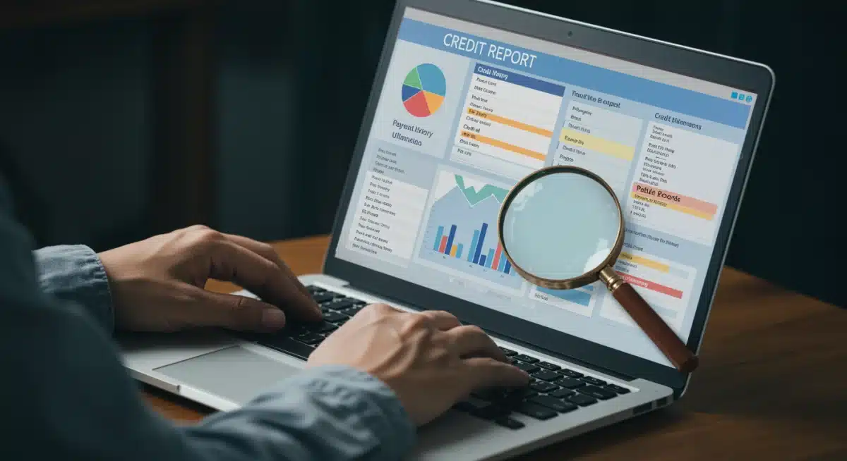 Person reviewing a detailed credit report on a laptop, focusing on accuracy and identifying discrepancies for improvement.
