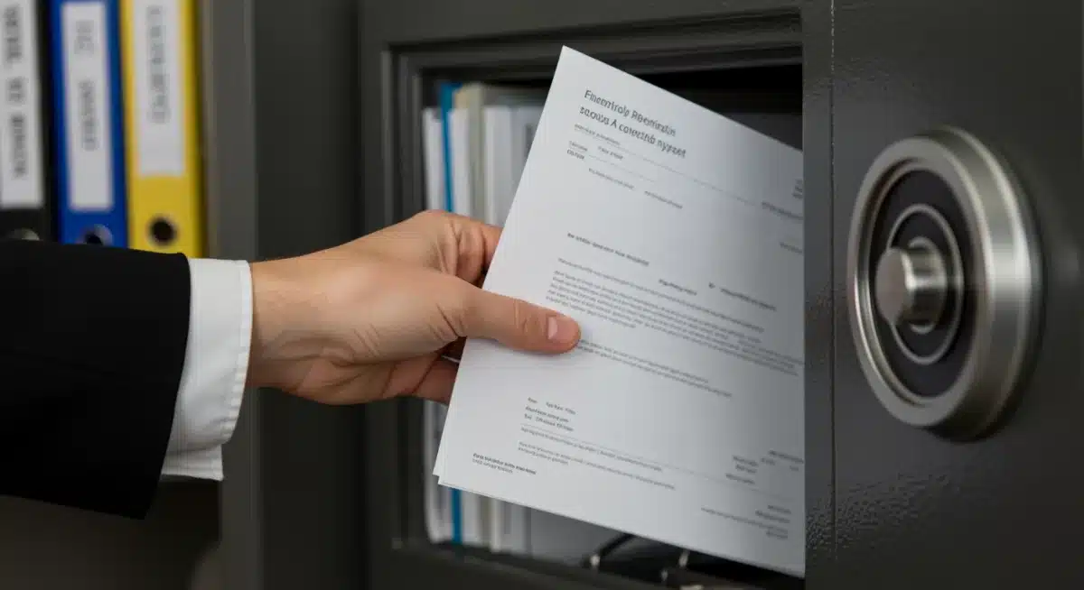 Hand placing vital document into secure fireproof home safe