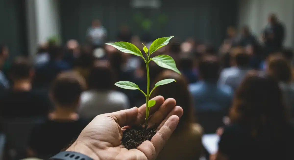 Hand holding a seedling at an environmental policy forum.