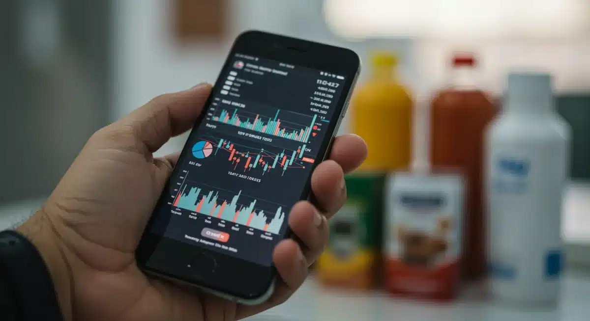 Hand holding smartphone with investment app, background hints at daily expenses, illustrating inflation's impact.