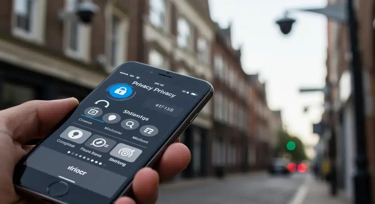 Smartphone displaying privacy settings with street surveillance in background