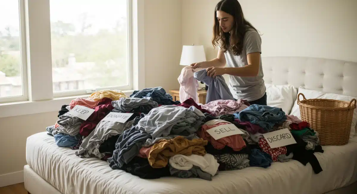 Person sorting clothes into categories on a bed