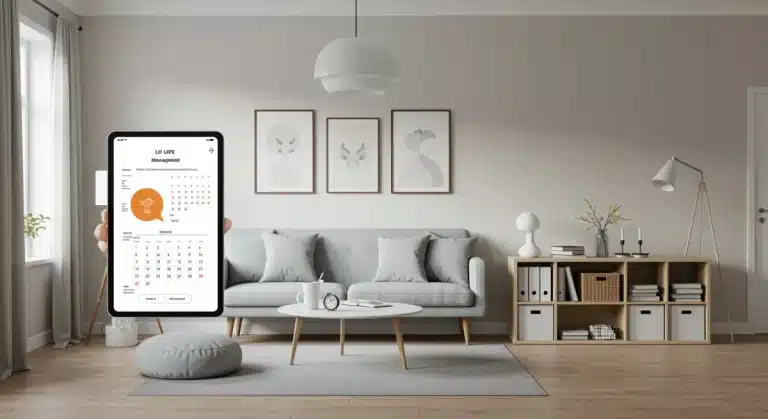 Modern minimalist living room with smart storage, representing sustainable organization in 2026.