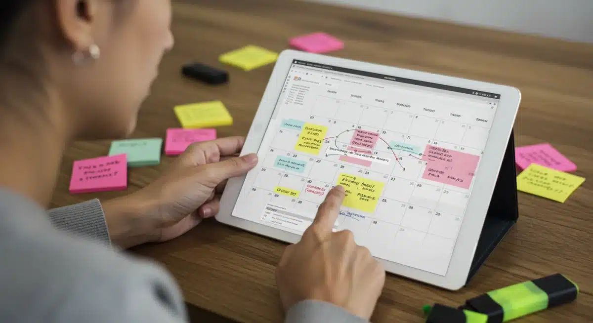 Person breaking down complex tasks on a digital calendar with colorful sticky notes.