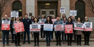 Tenants advocating for housing rights outside a modern courthouse in 2026