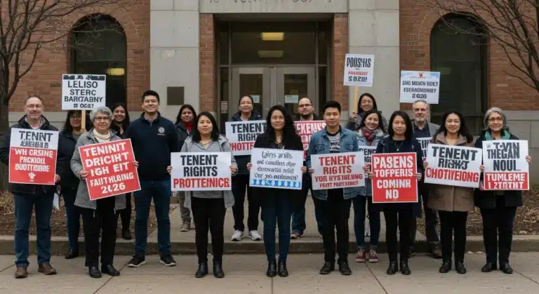 Tenants advocating for housing rights outside a modern courthouse in 2026