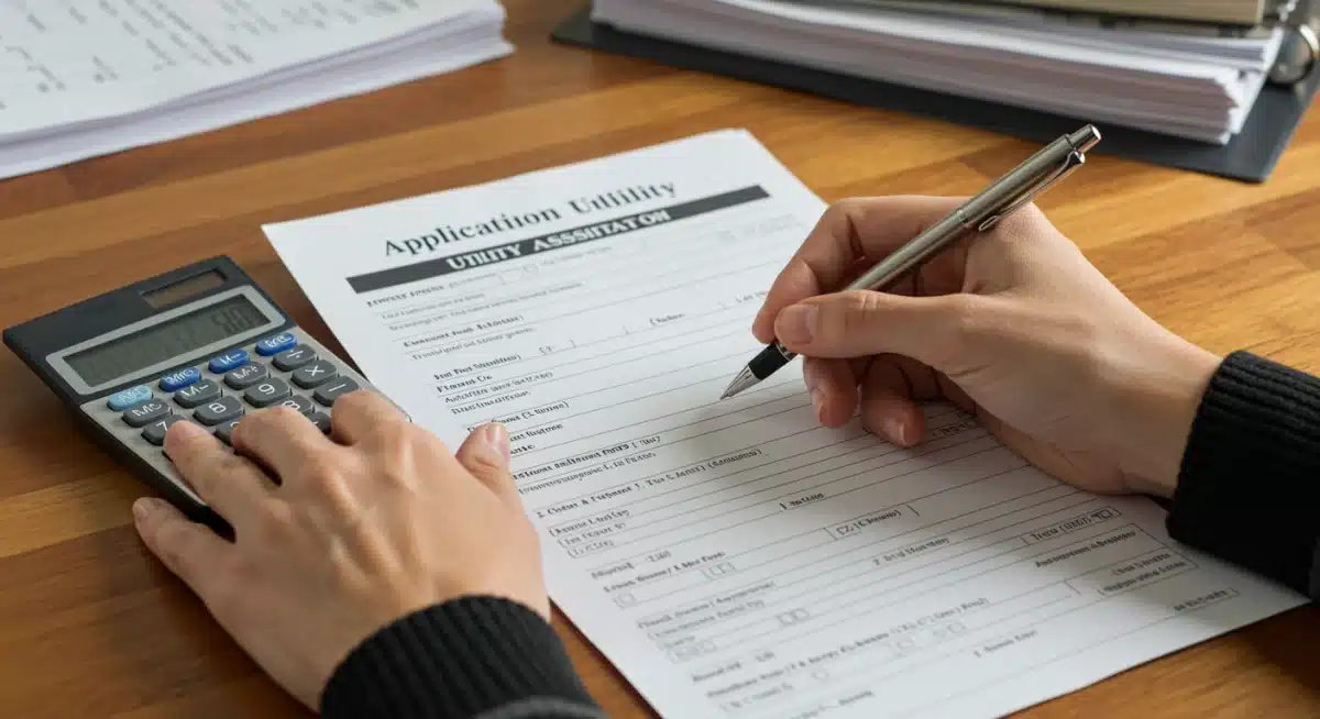 Hands filling out a utility assistance application form