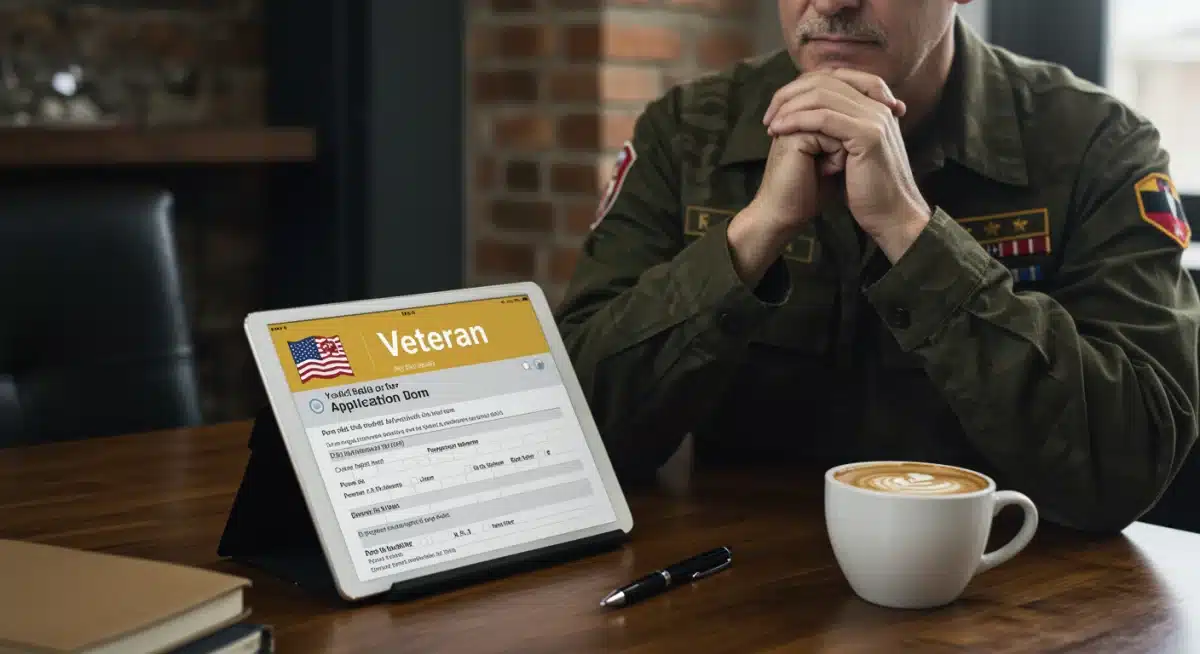 Veteran completing an online application for public service benefits on a tablet.