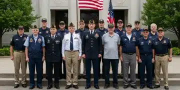 Veterans gathered in front of a government building, symbolizing access to public services.