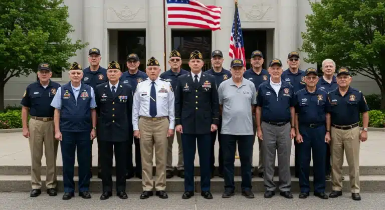 Veterans gathered in front of a government building, symbolizing access to public services.