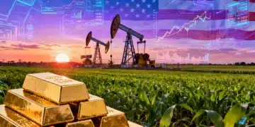 2026 Commodities Outlook: Gold, Oil, & US Agricultural Futures Dynamic collage showing gold bars, oil rigs, and farm fields, symbolizing the 2026 commodities market outlook for the US economy.