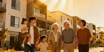 Diverse individuals benefiting from 2026 housing assistance standing proudly in front of new homes
