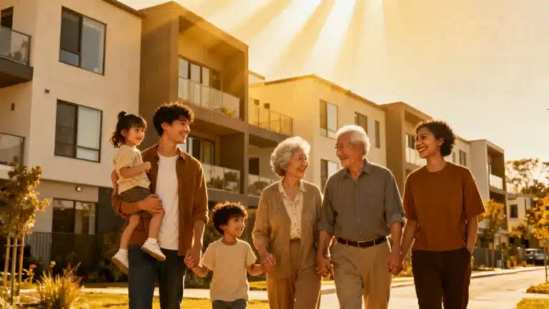 Diverse individuals benefiting from 2026 housing assistance standing proudly in front of new homes