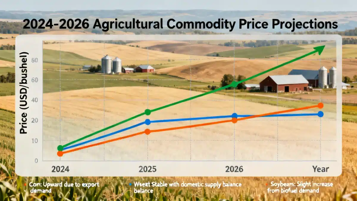 Chart showing projected price trends for agricultural commodities like corn, wheat, and soybeans for 2026.