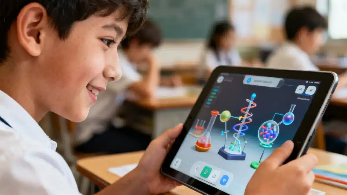 Student engaged with augmented reality educational app for personalized learning in special education.