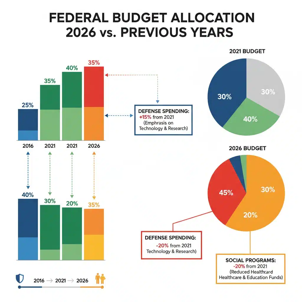 Infographic comparing Federal Budget 2026 allocations with prior years, focusing on defense and social program shifts.