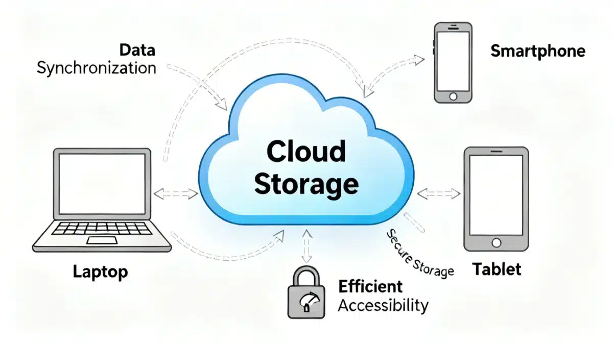 Cloud storage architecture connecting multiple devices for digital files
