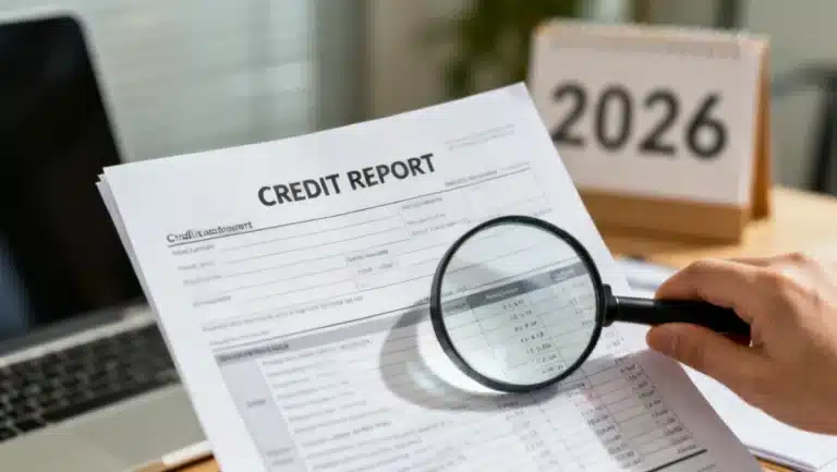 Detailed credit report with magnifying glass highlighting accurate information