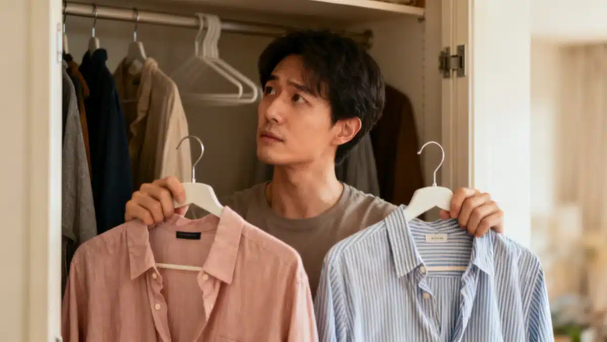 Person deciding between two shirts to declutter their wardrobe, applying the 80/20 rule for selection.