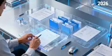 Futuristic digital workspace with holographic file management in 2026